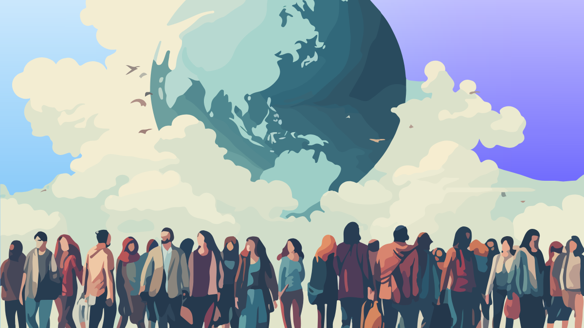 a group of people standing in front of a globe