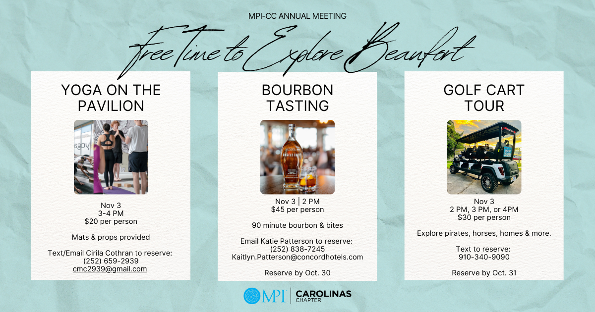 Free Time to Explore Beaufort. Yoga on the Pavilion. Bourbon Tasting. Golf Cart Tour.